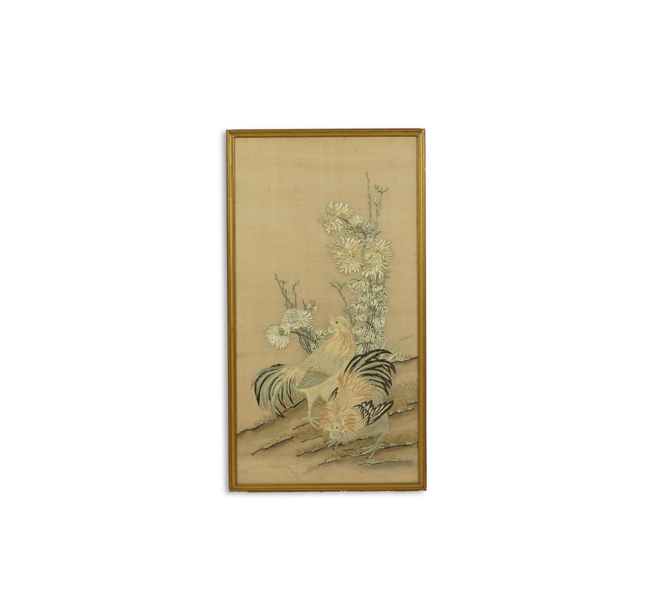 A Chinese embroidered silk 'chicken' panel, late 19th century